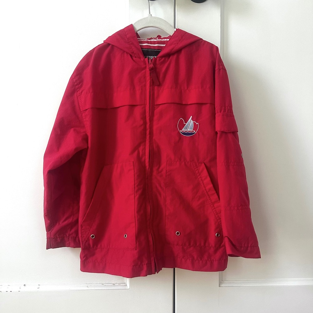 Vintage 90s Outbrook Kids Red Windbreaker Size 6 Sailboat Hooded Rain Jacket